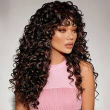 BARS DAR 18英寸耐热合成卷发假发，适合女性 - 蓬松长款非洲卷发造型，适合角色扮演、派对、日常穿着，自然深棕色外观，与各种肤色和服装相搭配。 - 黑色 - 查看 5