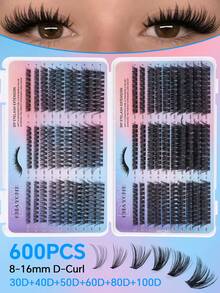这款 600 片装 D 型卷翘浓密假睫毛套装包含适合初学者的假睫毛教程、浓密纤长的 DIY 分段式假睫毛，并附赠胶水、卸妆液、镊子和睫毛刷。 - 彩色 - 查看 5