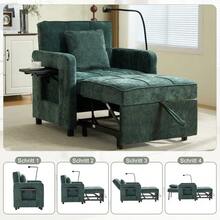 Two-In-One Sleeper Chair, Single Sleeper Sofa, Chenille Armchair (With Cushions And Side Pockets), With A Small Table On One Side And A Storage Bag On The Other, Complete - Green - View 3