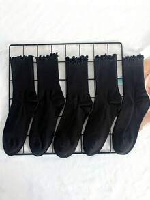 10 双女式黑白混色荷叶边休闲中筒袜，防臭，吸湿排汗，适合学生/成人，馈赠佳品，日常穿着，秋季袜子 - 白色 - 查看 19