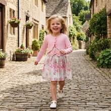 2 Pcs Set Little Toddler Girls Dress With Cardigan Floral Dresses Ruffle Shrug Sweaters Spring Full Clothes For 3-10 Y - Hồng - Xem 2