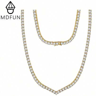 MDFUN 18K Gold Plated V-Shape Cubic Zirconia Necklace, 4.0mm Round Cubic Zirconia, Women's Wedding Tennis Necklace