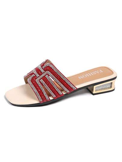 Women's Solid Color Bohemian PU Leather Rhinestone Sandals, Party/Holiday Outdoor Wear, Square Toe Glitter Strap Electroplated Low/Chunky Heel Slip-On Sandals, Sparkly Decor Versatile With Skirts/Shorts, Soft & Comfortable