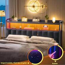 Full Upholstered Led Marco de Cabecero de Almacenamiento para Cama de Full con luz LED RGB, Marco de Cama de Plataforma de Terciopelo con Cabecera Wingback, Sin Ruido - Negro - Ver 5