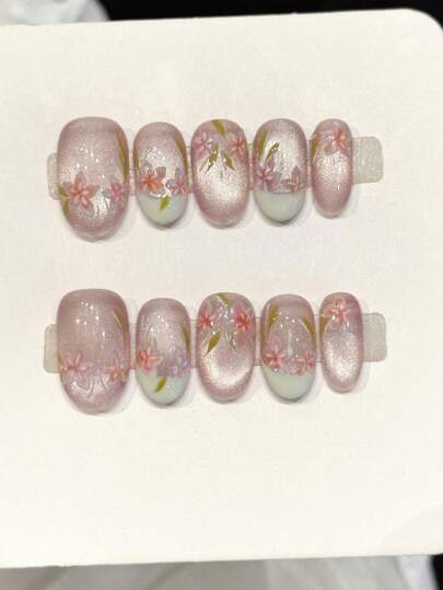 10pcs Handmade Short Oval Nail Stickers, Suitable For Parties And Daily Wear, "Soft Matte Sakura" Light Pink Floral Magic Mesh Nail Art, Creating A Fresh Atmosphere, Short Oval Nail Stickers, Easy To Wear. 10pcs Y2K Style Handmade Nail Stickers, Suitable For Girls And Ladies For Festivals, Parties, Music Festivals, Daily Wear, Valentine's Day, Mother's Day Gifts.