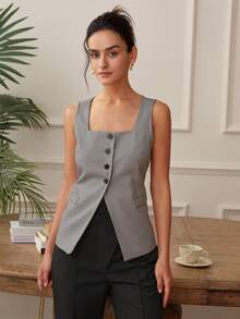 Women's Square Neck Short Sleeve Button Front Split Hem Casual Loose Comfortable Camisole, Old Money Crop Tops, Backless Business Casual Top Summer - Grey - View 4