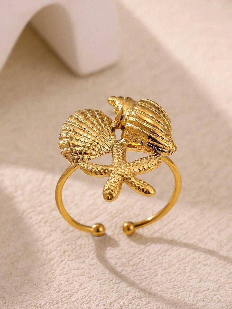 Women's Stainless Steel Starfish & Shell Combination Adjustable 18K Gold Plated Waterproof Elegant Ring, Suitable For Summer Beach, Wedding, Travel, Best Friend Birthday Gift - Multicolor - View 1