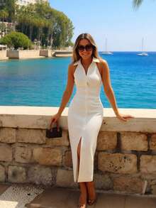 Women's Elegant Fashion Resort Style Solid Color Halter Neck High Slit Solid Color Single-Breasted Long Bodycon Maxi Dress, Elegant Lapel Cardigan Sexy Fitted Solid Color Maxi Dress White - White - View 9