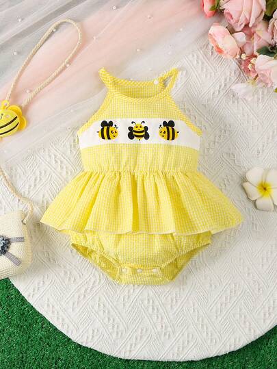 1件女婴休闲可爱蜜蜂图案吊带连体衣，甜美风格，适合春夏穿着，居家、休闲和户外活动皆宜
