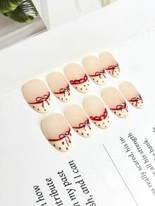 10pcs Middle Almond Fake Nails With Nude Pink Translucent Base, Burgundy Polka Dot, 3D Bow & Silver Rhinestone Accents Design Sweet Girlish Style 100% Handmade Press On Acrylic Nails Reusable Nail Supplies Including 1pc Jelly Glue, 1pc Stick, 1pc Nail File For Women's Daily Or Party Wear - Multicolor - View 6