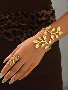 Set de 2 piezas de brazalete de metal vintage con línea geométrica exagerada y anillo ajustable, accesorio versátil para mujer - Dorado - Ver 13