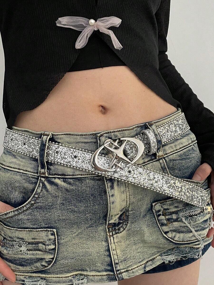 1pc Women's Black PU Leather Half Moon & Pattern Waist Belt Summer, School Fall, Autumn, Halloween - 銀色 - 查看 1