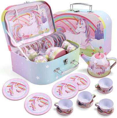 2026 Hot Fashion Fairy Blossom Tea Party Set For Little Girls, Pink Tin Princess Pretend Play Teapot Set With Teacups, Plates & Carrying Case, Perfect Play Kitchen Toy For Kids Toddlers Ages 3-6, Ideal Gift For Spring & Summer Festivals, Birthdays & Home Play