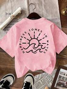 Plus Size Women Summer Casual Vacation Daily Commute Simple Drawing Sun Wave Letter Print Loose Fit T-Shirt Comfy Sets Summer Women Summer Lounge Set Cute Summer Sets Summer Clothes Set Summer Matching Set-New Minimalist-Style Summer And Autumn Apparel - 粉色 - 查看 2