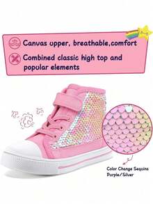 High Top Kids Sneakers Breathable Non Slip Glitter Canvas Shoes Cute Hook Loop Walking Casual Shoes For Toddler Boys And Girls Everyday Wear - Kim sa màu hồng - Xem 8