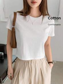 Summer TopsDazy-Less Solid Crew Neck Crop Tee Summer Preppy Tops Business Casual Woman Work ClothesLoose And Comfortablesummer Outfits For Women - White - View 9
