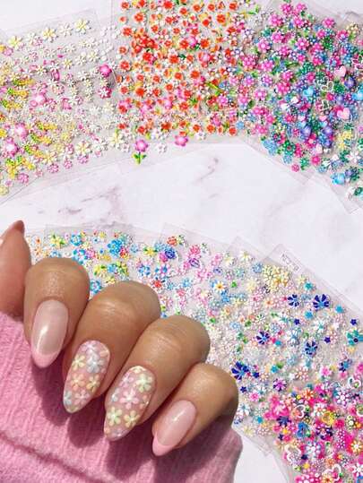 30pcs Colorful Cute Daisy Flower & Heart Shaped 3D Nail Art Stickers, Self-Adhesive Decorations For Women & Girls