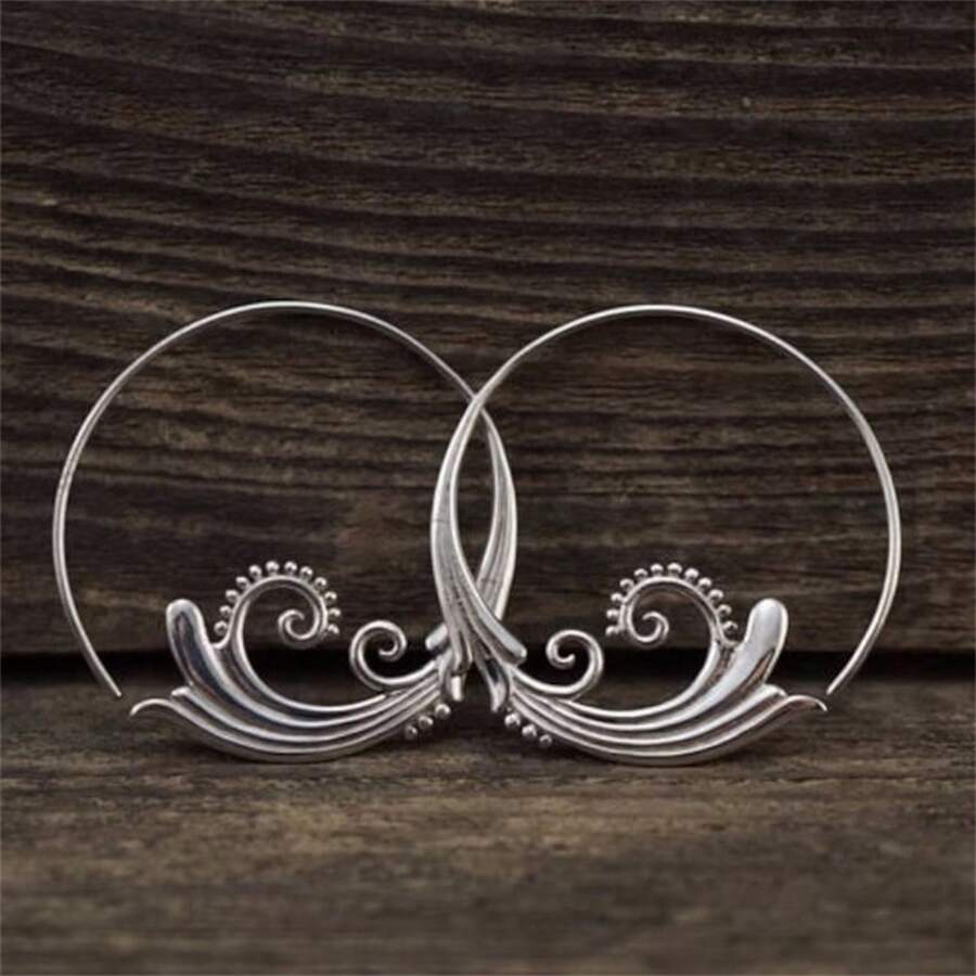 New European And American Style Red Zirconia Antique Earrings, Unique And Exaggerated Vintage Jewelry - 銀色 - 查看 1