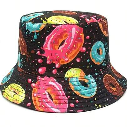1顶甜甜圈图案渔夫帽，可爱双面设计，适合日常佩戴、户外旅行、徒步、海滩、圣帕特里克节等场合。