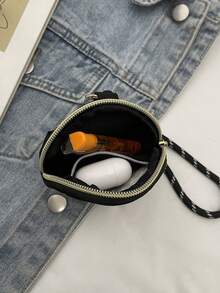 New Retro Embroidered Mini Black Coin Purse, Round Pouch Wristlet - Black - View 6