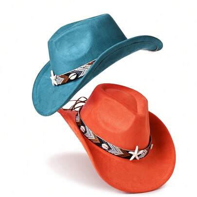 Soft Faux Suede Wide Brim Cowboy Hat, Woven Band With Shell & Starfish Accents, Unisex Outdoor Sun Hat For Travel & Festival