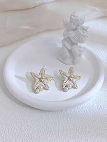 4 Pares de Brincos da Moda Feminina, Brincos de Concha de Estrela de Estilo Praia de Verão com Pérolas Incrustadas, Brincos Dourados, Novos Brincos de Gota em Aço Inoxidável para Senhoras, Presente Elegante, Acessórios de Festival, Acessórios de Férias, Brincos Vermelhos Presente do Dia das Mães Páscoa, Uso Diário, Joias Volumosas para Festa de Casamento - Dourado - Visão 7