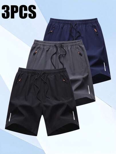 3pcs Men's Lightweight Casual Shorts, Fashionable Sports Outdoor Running Shorts Unisex Black