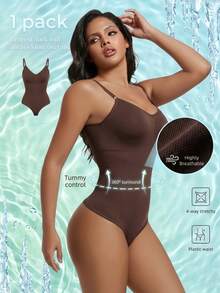 一件式无缝提臀塑形连体衣，舒适弹力肩带，收腹提臀，丁字裤，女士无缝塑身衣，提臀提腹连体衣 - 咖啡棕 - 查看 2