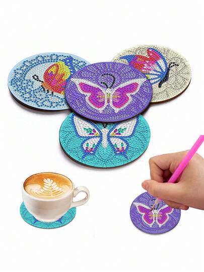 4 đế lót ly tranh đính đá, đồ trang trí nhà cửa thủ công tự làm, hình bướm thêu kim cương, bộ lót ly gỗ cách nhiệt.