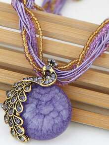 1pc Fashionable Peacock Pendant Necklace, Boho Style Tassel Retro Necklace With Beads For Women - Green - View 12