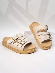 1双女童米色多扣厚底防滑拖鞋，适合日常休闲穿着 - 香檳色 - 查看 4