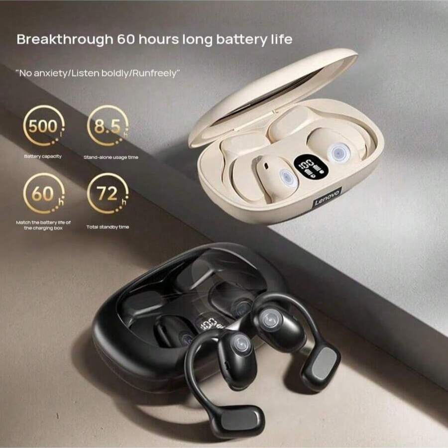 Lenovo Auriculares de audio espacial LP57, alas de oído de silicona líquida ergonómicas, transmisión Bluetooth 5.4 sin pérdidas, latencia ultra baja de 50 ms, batería de 30 h + carga rápida, diseño deportivo antirrobo - Ver 1
