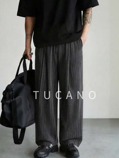 Tucano Men's Dark Grey Fine Striped Wide-Leg Pants, Business Casual Old Money Style With Elastic Waistband, Suitable For Office And Daily Wear