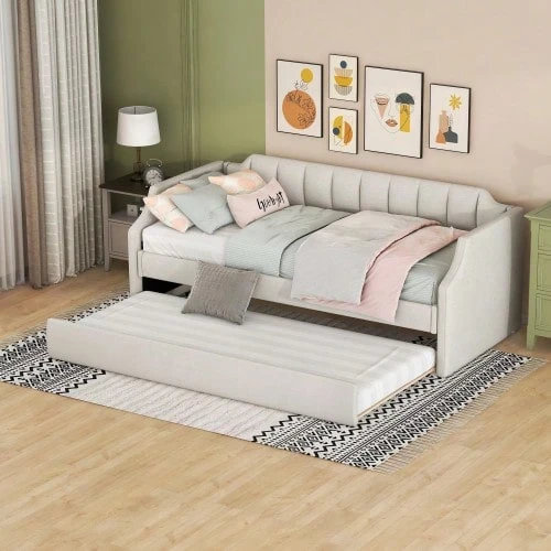 Daybed 90 X 200 (190) Cm, Single Upholstered Daybed With Pull-Out Bed, Beige - White - View 1