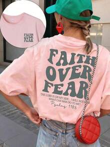 1pcs Plus Size Women's Oversized 100% Cotton T-Shirt, Printed With "FAITH OVER FEAR" And Bible Verse Designs On The Back, Suitable For Church Services, Religious Activities, And Daily Commuting, Showcasing The Power Of A Strong Faith - Hồng - Xem 11