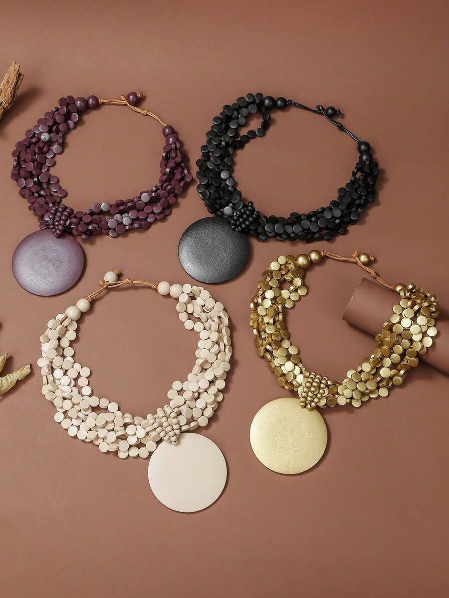 1 pieza Collar con colgante de medalla de madera exagerada, adecuado para el uso diario de las mujeres - dorado - Ver 1