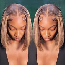 4/27 高光 13x4 蕾丝前真人发假发 直发短波波头假发 巴西原生发 预先拔毛 带婴儿发 女士款 180 密度 - S4/27 - 查看 10