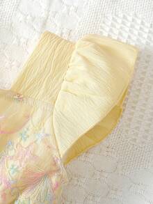 Vestido de Princesa Doce e Fofo para Meninas com Mangas Curtas Volumosas, Patchwork de Tule, Bordado, Cintura Marcada e Saia Rodada, Vestido de Festa de Férias de Verão - Amarelo - Visão 5