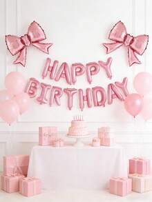 1/2套粉色蝴蝶結生日氣球套組，含「Happy Birthday」氣球橫幅裝飾，鋁箔氣球，適合1歲生日派對裝飾、寶寶洗禮派對裝飾、生日裝飾、公主主題派對用品、蝴蝶結裝飾、新娘洗禮裝飾、性別揭曉派對用品，適用於女嬰派對背景裝飾 - 粉紅色蝴蝶結 - 查看 7