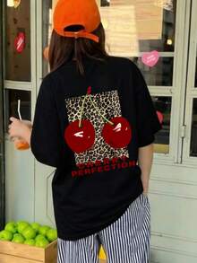 女士夏季圆领短袖T恤，豹纹樱桃图案，适合夏季、海滩、街头、日常、工作、办公室派对、郊游、嘉年华、音乐节、情人节、派对休闲等场合，黑色。 - 黑色 - 查看 5