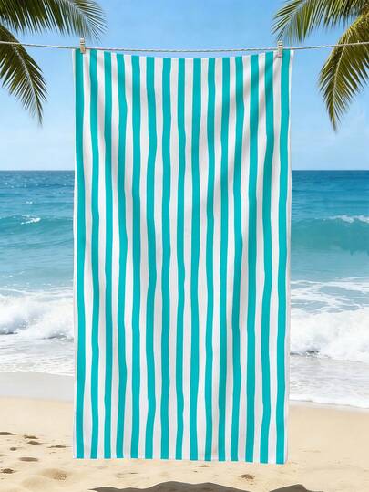1pc Simple Blue And Blue Vertical Stripe Pattern Printed Beach Towel, A Soft, Comfortable, Lightweight And Easy To Carry Oversized Fashionable Bath Towel, Suitable For Bathing, Swimming, Fitness, Yoga, Summer Travel, Vacation, Bathroom Decoration