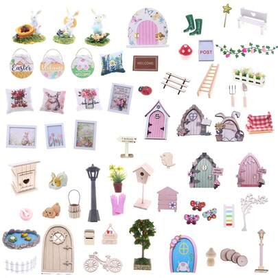 Mini Fairy Door Garden Set, Miniature Cartoon Rabbit Yard Decor Scene Props Model, Doll House BJD Accessories, Mini Wooden Fairy Garden Door, DIY Holiday Atmosphere Decoration Accessories