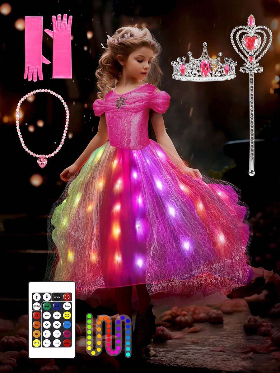 Vestido de princesa rosa con luz, adecuado para disfraces de Halloween y Navidad para niñas, apto para bebés, niños y adolescentes
