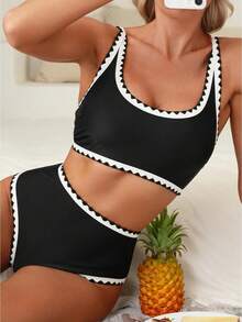 Women's Floral Bikini Sets Whip Stitch 2 Piece Swimsuits - High Waisted Tummy Control Bathing Suits, Scoop Neck Push Up Beachwear - 黑色 - 查看 1