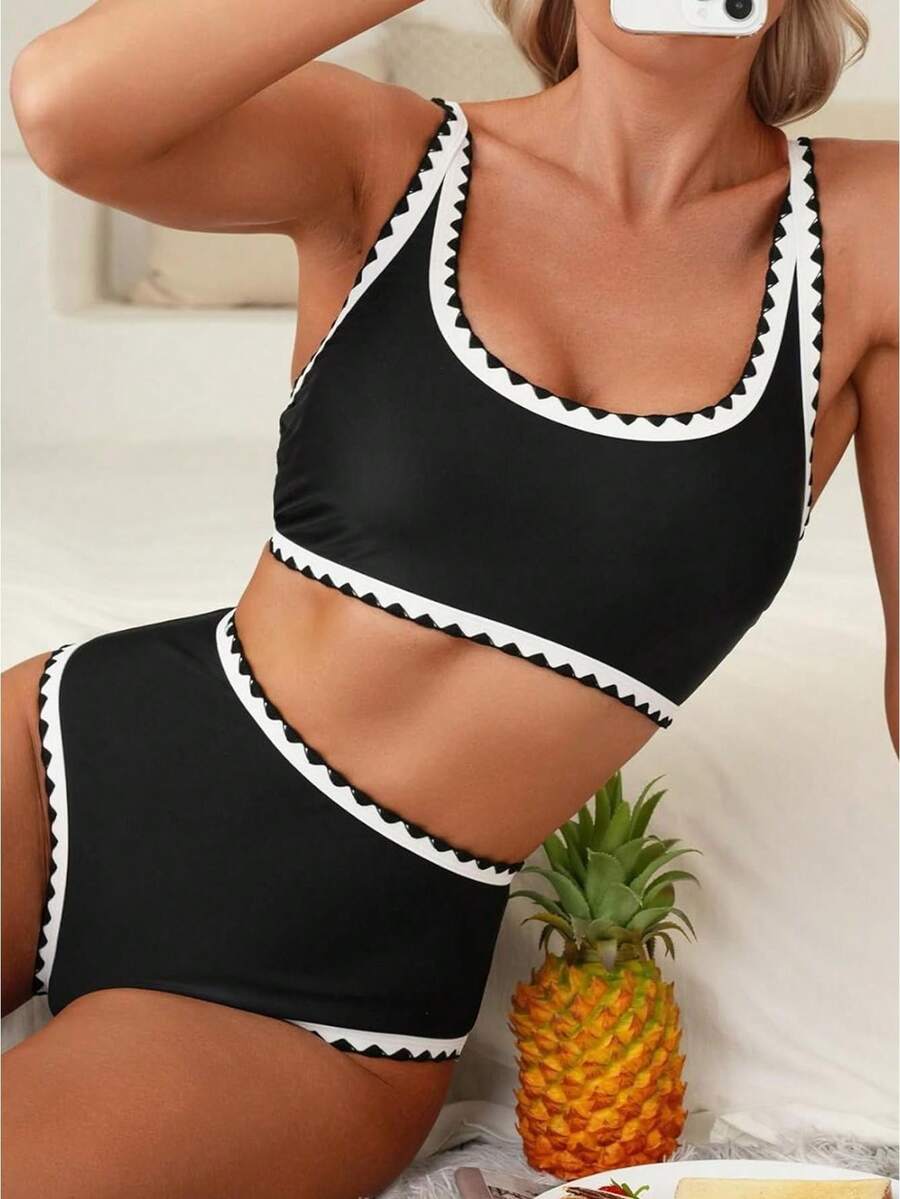 Women's Floral Bikini Sets Whip Stitch 2 Piece Swimsuits - High Waisted Tummy Control Bathing Suits, Scoop Neck Push Up Beachwear - 黑色 - 查看 1