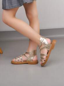 1 Pair Baby Woven Lace-Up Hollow Sandals, Gold PU Non-Slip Open Toe Flat Roman Style Cute Princess Shoes, Suitable For Summer Toddler - Champagne - View 8