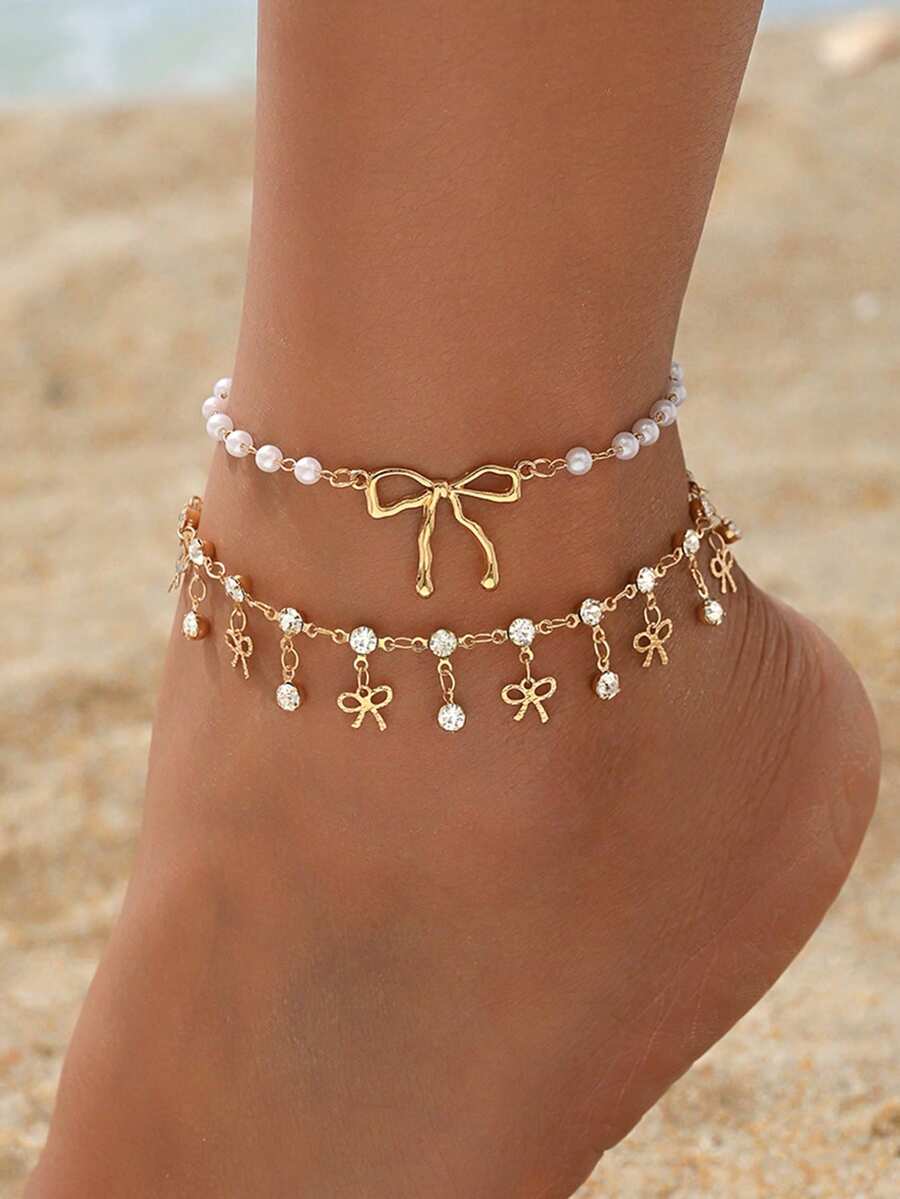 Set de 2 piezas Tobillera minimalista con lazo dorado y dije de perla falsa con lazo con strass brillante y borla, adecuada para uso diario, salidas, fiestas, viajes, regalo de cumpleaños para amigos. La cadena hecha a mano se puede personalizar en longitud y cantidad de cuentas - Multicolor - Ver 1