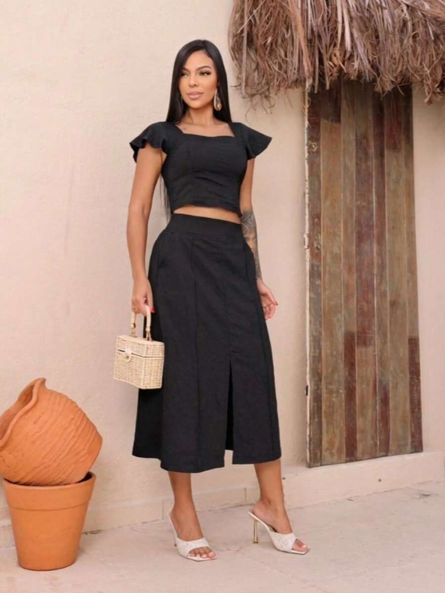 Women's Tailored Set: Cropped Top With Ruffled Sleeves, Midi Skirt With Front Slit, High Waist. Elegant Women's Fashion Set ✨ Casual, Vacation, Beach - 黑色 - 查看 1