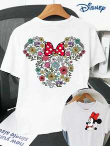 Disney Women's Casual Cotton Round Neck Short Sleeve T-Shirt With Floral Minnie Mouse Print, Regular Fit Top For Daily Wear - White - View 1