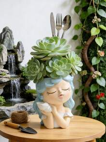 可爱女孩花盆，卡通人物造型多肉植物花盆，装饰性迷你花盆，适合摆放在桌面和架子上，可爱家居装饰，是客厅、卧室、办公室室内小型植物和仙人掌展示的理想之选。 - B - 查看 2